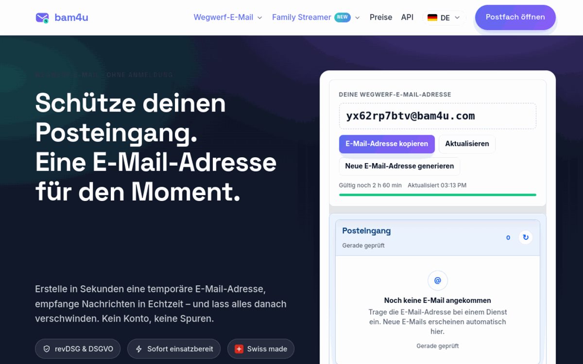 Startseite von bam4u.com mit Live-Postfach
