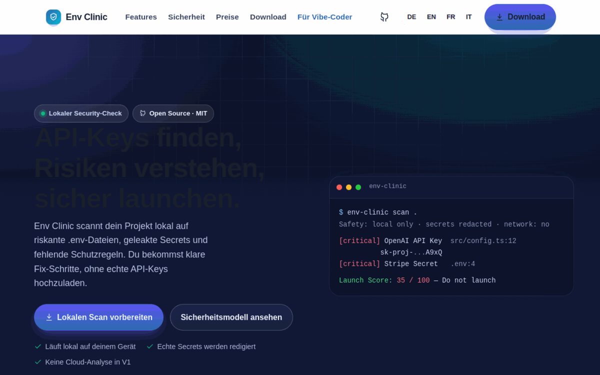 Landingpage von env-clinic.panart.ee mit Terminal-Demo