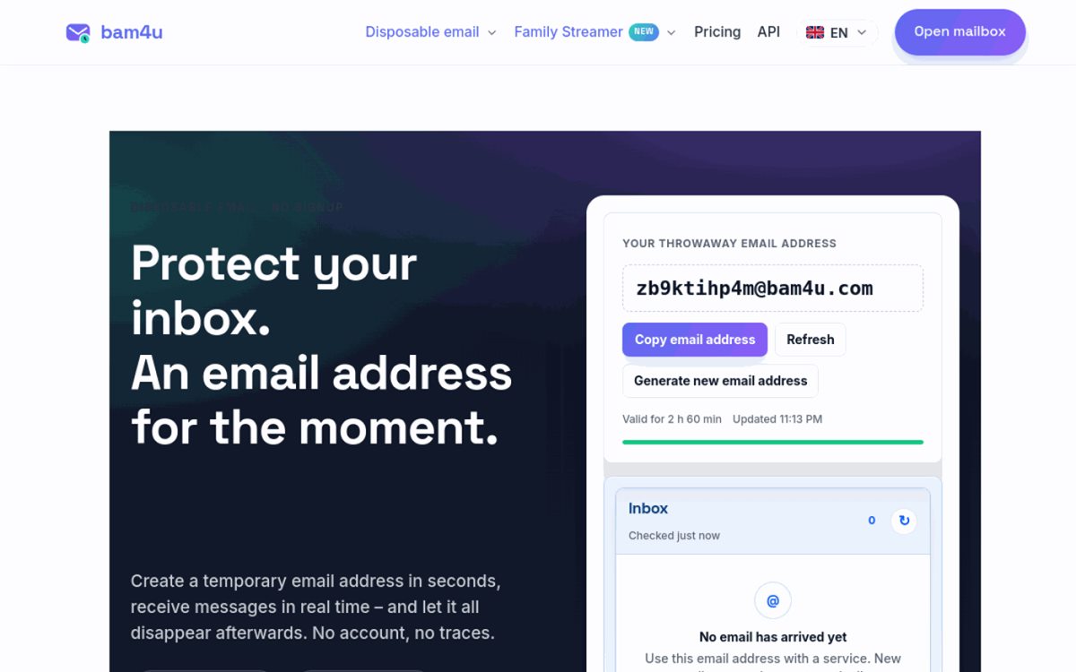 bam4u.com home page with live mailbox