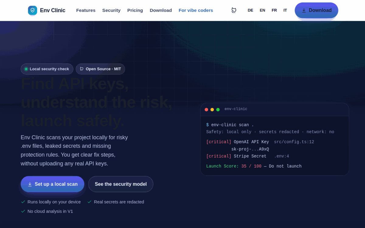 env-clinic.panart.ee landing page with terminal demo