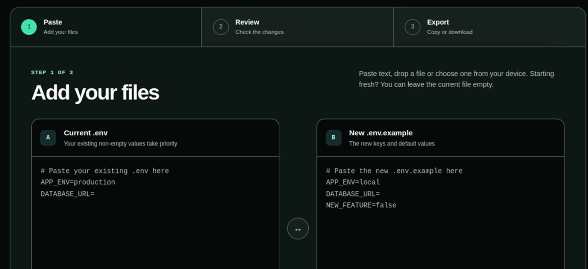 Eingabebereich von Env-Matcher mit aktueller .env und neuer .env.example